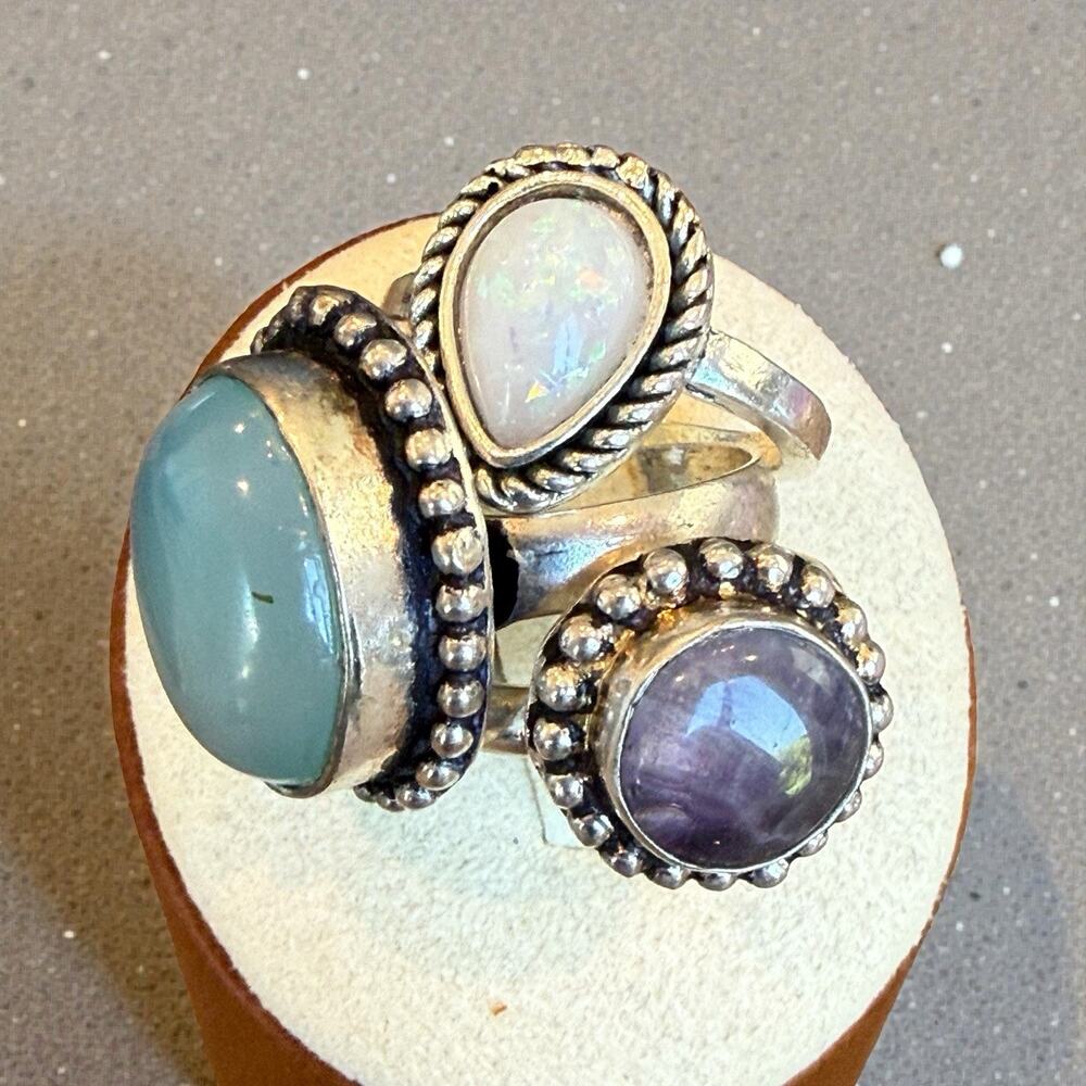 Bali Bohemian Style Lot Of 3 Silver Tone Glass Stone Rings
